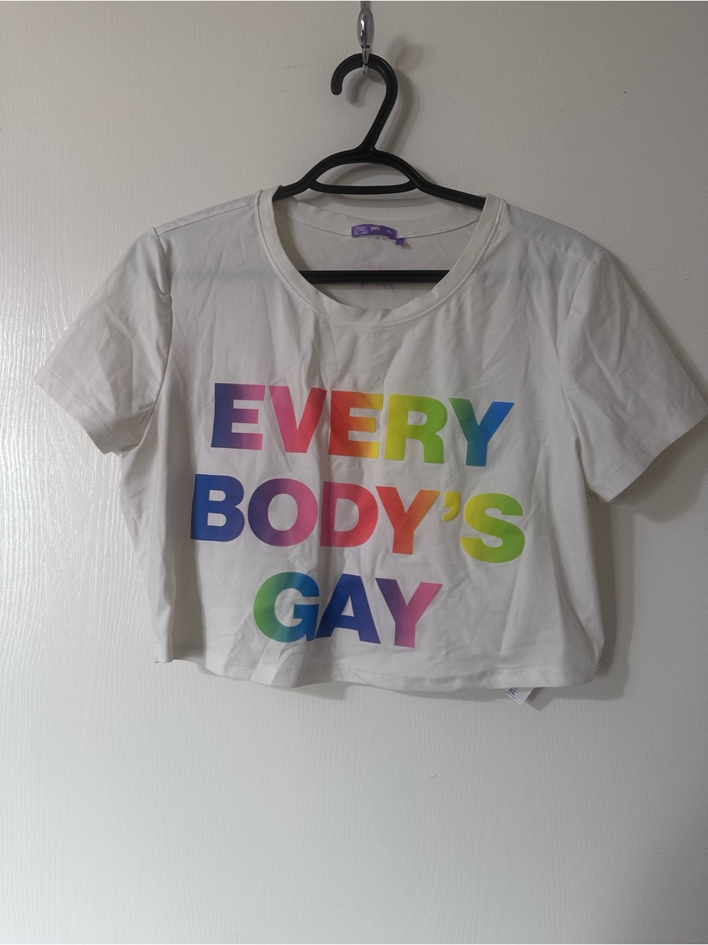 Yitty white Cropped Tee with Rainbow "EVERY BODY'S GAY" Print